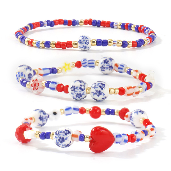 Original New Smooth Blue and White Ceramic Bracelet New Chinese Style Ancient Style Rice Bead Bracelet Niche High-end Glass Bracelet