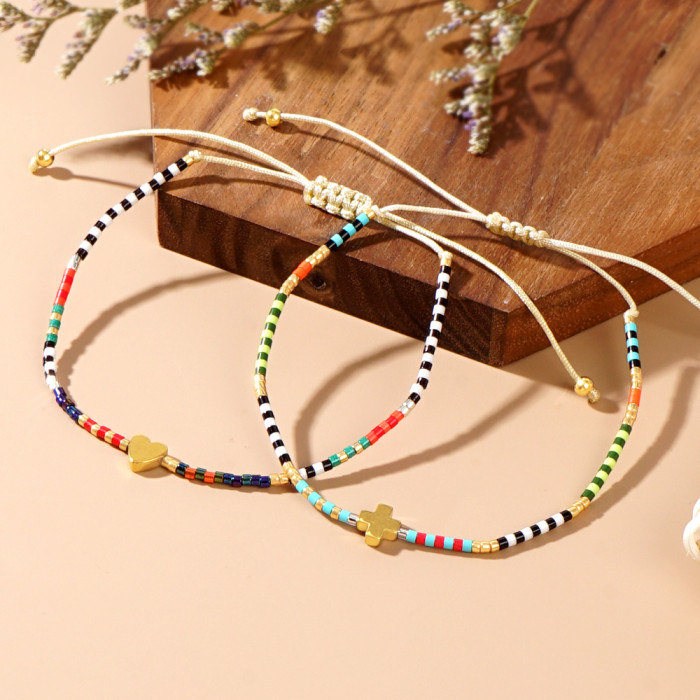 Beaded Woven Striped Thin Bracelet Natural Stone Cross Accessory Summer Commuting Two-Piece Set Hot Selling Hand Jewelry