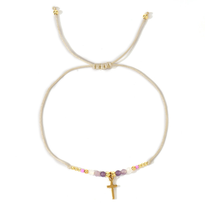 Amazon Hot-Selling Fashion Copper Beads Shiny Rice Beads Stainless Steel Cross Faceted Moonstone Semi-Precious Stone Women's Bracelet
