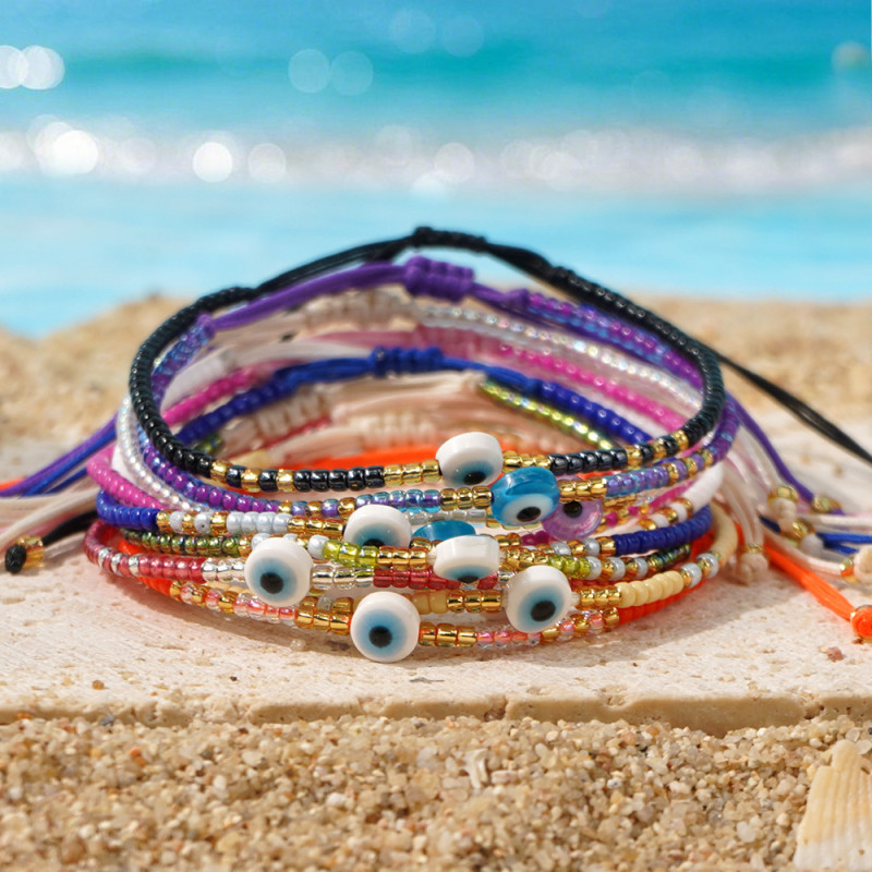 Ins Style Thin Bracelet for Women, Rice Bead Woven Resin Eye Beaded Jewelry, European and American Ethnic Style Niche Lucky Bracelet
