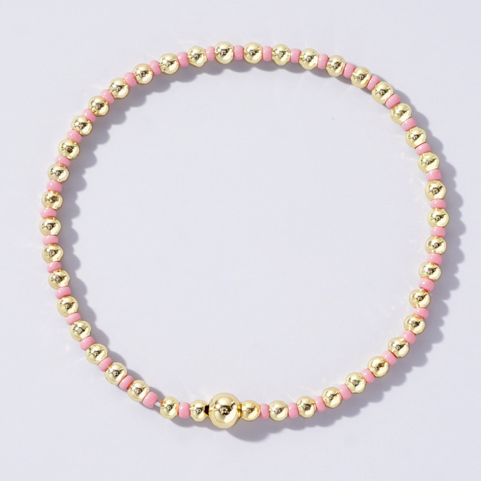 Korean Style Elastic Bracelet with Colorful Rice Beads and Gold Beads, Mixed Weaving, Light Luxury, High-End Feel, Po...