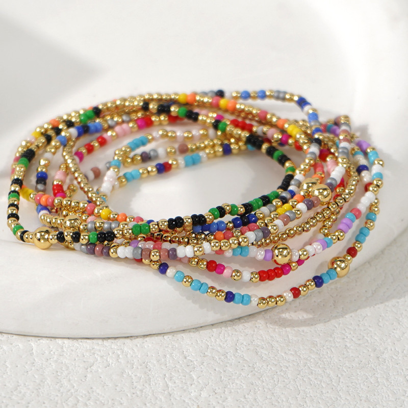Cross-border Bohemian Handmade Woven Beaded Bracelet with Gold Beads and Rice Beads, Multi-layer Stretch Jewelry