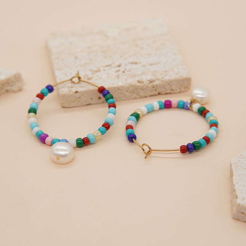 European and American Style Rice Bead Woven Pearl Earrings Colorful Beaded Fresh Sweet Freshwater Pearl Earrings Lily Contract Style Earrings