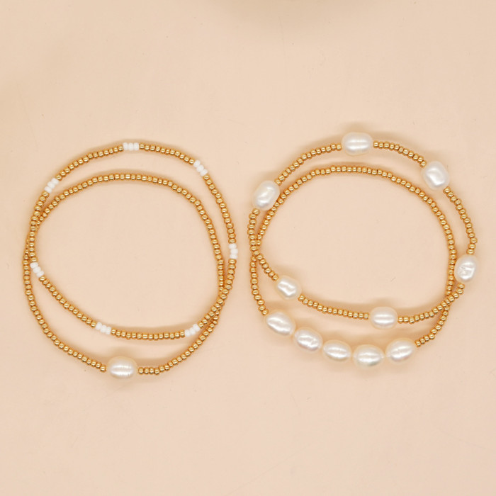 New Handmade Woven Gold Bead Pearl Bracelet Two-Piece Set Light Luxury Rice Bead Niche Bracelet for Women with a Sens...
