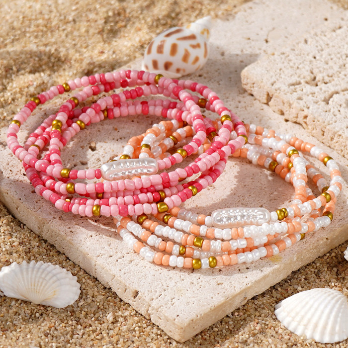 Hot-Selling Shell Material Rice Bead Bracelet Set Orange Pink White Color Summer Jewelry Preferred for Stocking
