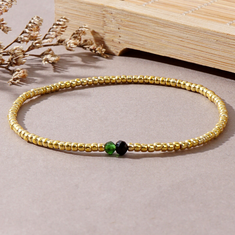 Bohemian Vacation Style Gold Bracelet Green and Black Color-Block Small Beads Women's Niche Light Luxury Layered Beaded Bracelet