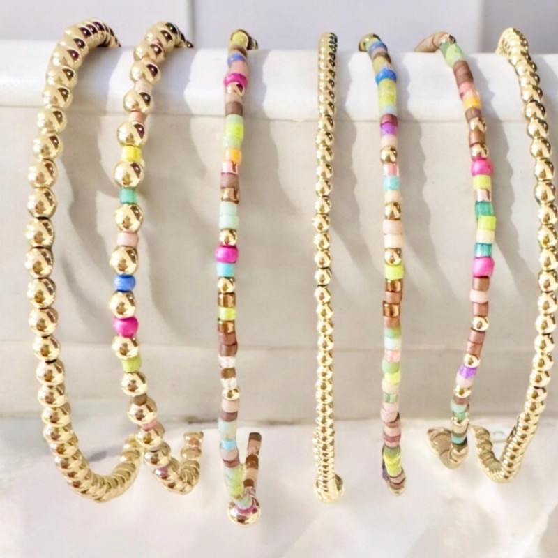 Bohemian Colorful Rice Bead Elastic Bracelet European and American Style Gold Round Bead Jewelry Niche Design Cross-Border Supply