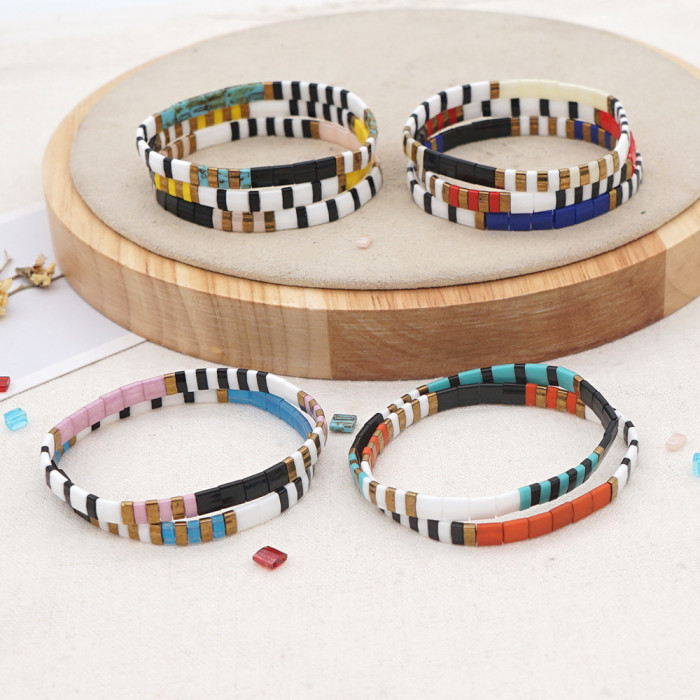 Hot-Selling Light Luxury Fashion Color-Block Beaded Square Minimalist Bohemian Ethnic Style Tila Rice Bead Couple Bra...
