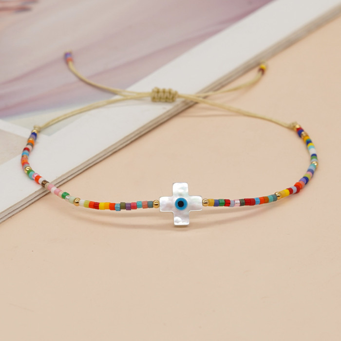 INS Style Niche Design Shell Cross Beaded Bracelet Handmade Woven Rainbow Color Rice Bead Bracelet Manufacturer