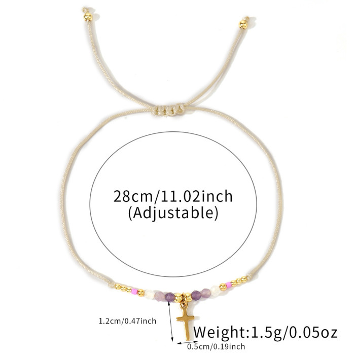 Amazon Hot-Selling Fashion Copper Beads Shiny Rice Beads Stainless Steel Cross Faceted Moonstone Semi-Precious Stone Women's Bracelet