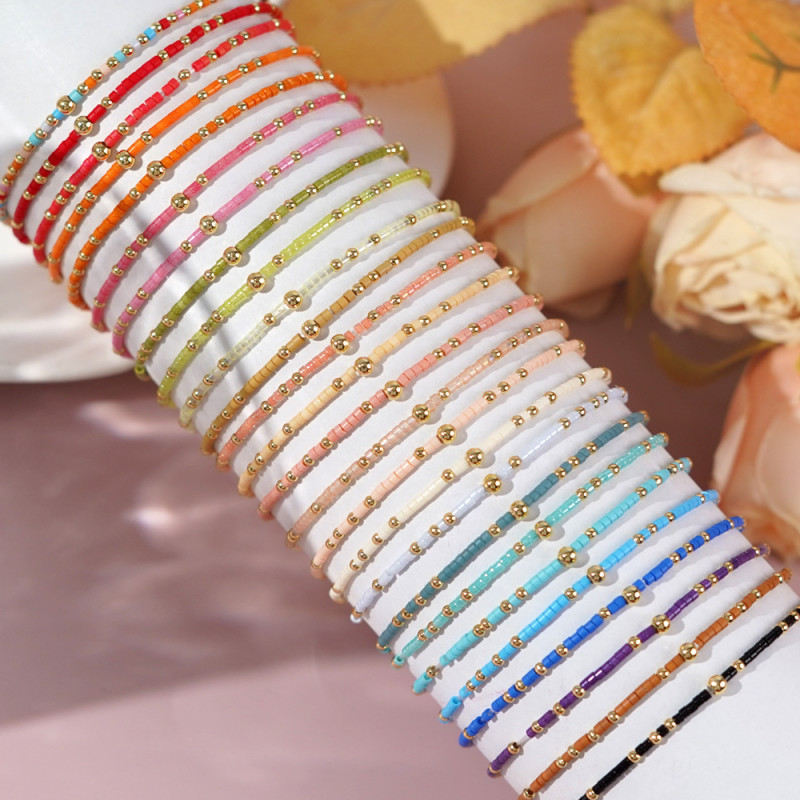 Bohemian Style Copper Beads Rainbow Color Rice Beads Handmade Beaded Fashion Versatile Women's Bracelet Geometric