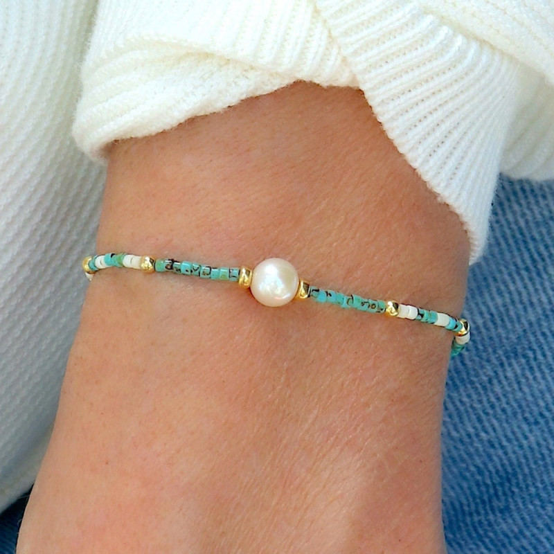 Mottled Camouflage Rice Bead Single Pearl Bracelet Bohemian Style Copper Bead String Bracelet White Pearl Elastic Jewelry