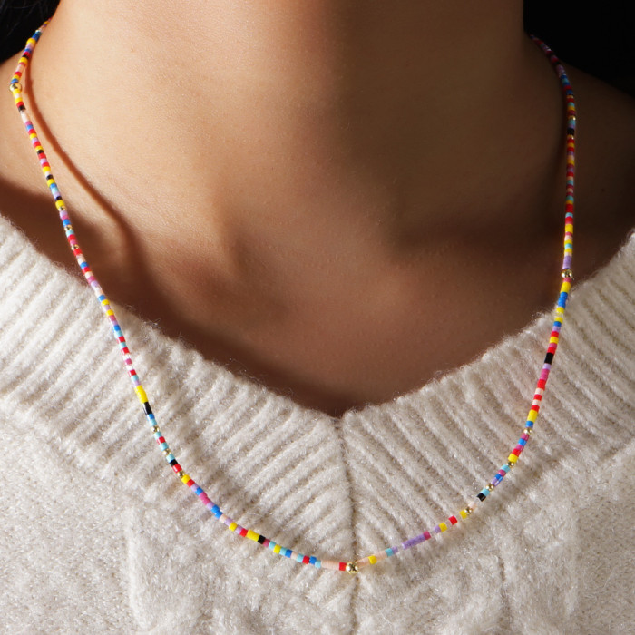 Niche Design Retro Colorful Beaded Bohemian Vacation Necklace Collarbone Chain Rainbow Rice Beads