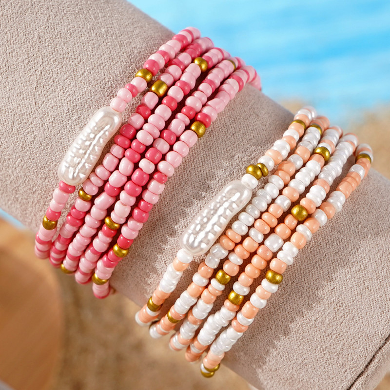 Hot-Selling Shell Material Cross-Border Rice Bead Bracelet Set Orange Pink White Color Summer Jewelry Preferred for Stocking