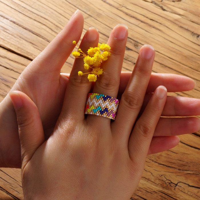 New Arrival Heart Miyuki Antique Rice Beads Handmade Woven Stainless Steel Ring Bohemian Style