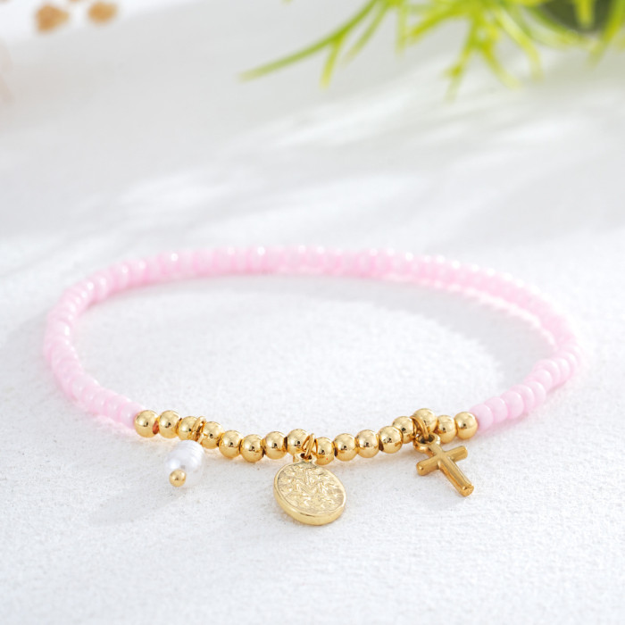 New Adjustable Colorful Rice Bead Bracelet for Women with Gold Cross and Virgin Mary Medal, Light Luxury Versatile Choice