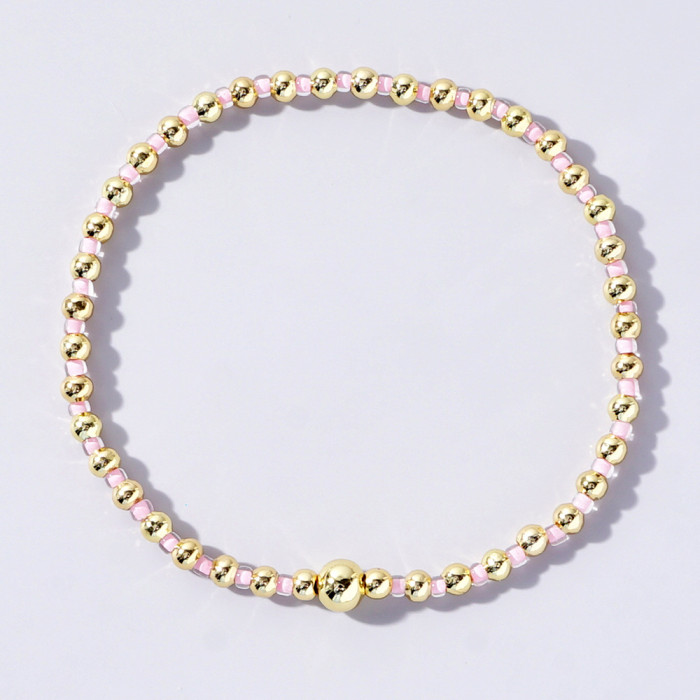 Korean Style Elastic Bracelet with Colorful Rice Beads and Gold Beads, Mixed Weaving, Light Luxury, High-End Feel, Po...