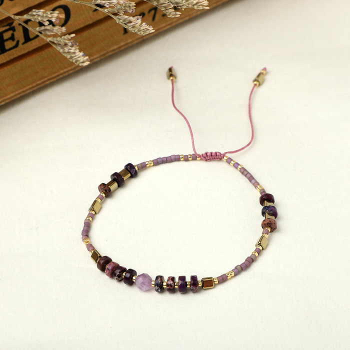 Bohemian Style European and American Simple Rice Bead Handmade Woven Friendship Rope Iron Gall Semi-Precious Stone Women's Jewelry Small Bracelet