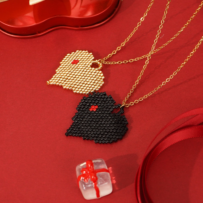 Miyuki Japanese Rice Beads Gold Heart Pendant Valentine's Day Necklace Stainless Steel Black Heart Rice Beads Necklace