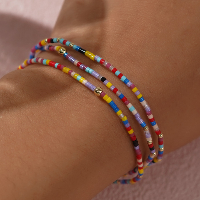 Niche Design Retro Colorful Beaded Bohemian Vacation Necklace Collarbone Chain Rainbow Rice Beads