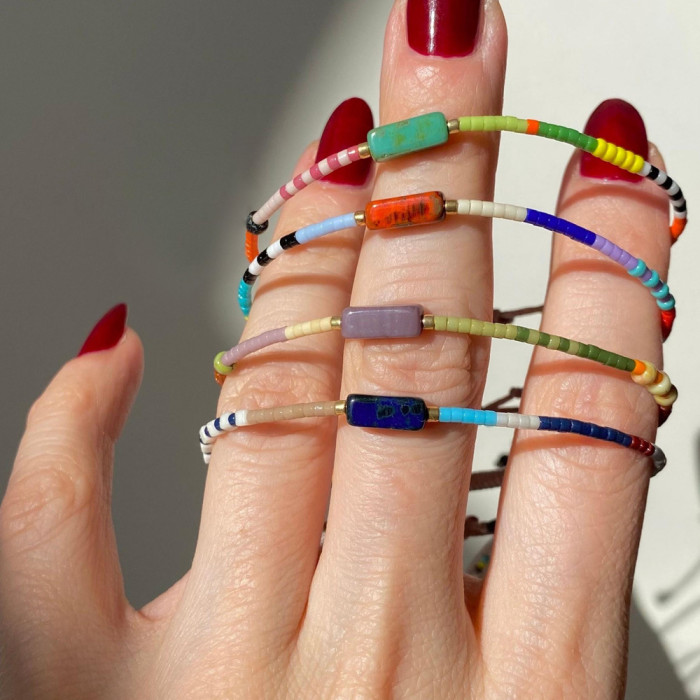 Cross-Border Bohemian Style Thin Bracelet for Women, Casual Commuting Simple Rice Bead Woven Gesture Natural Stone Accessory Bracelet