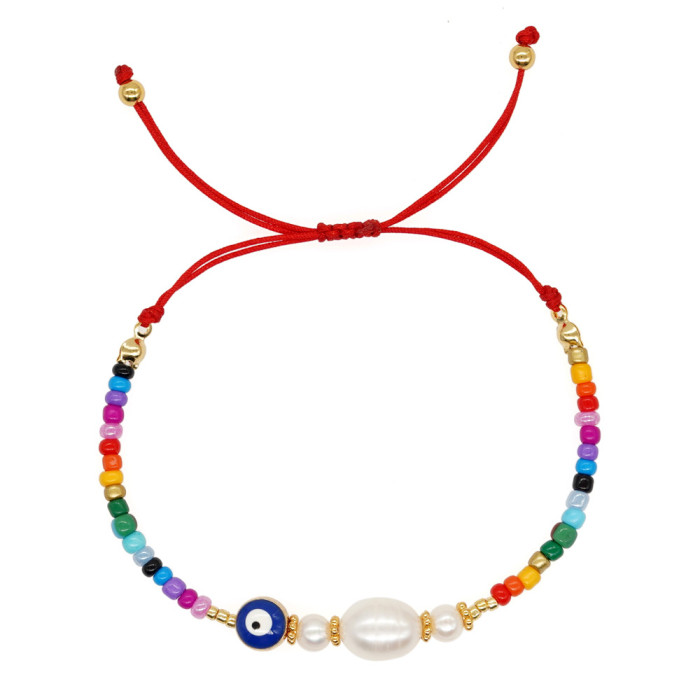 Bohemian Ethnic Style Rice Bead Bracelet for Women Imitation Pearl Evil Eye Accessory Adjustable Red String Bracelet