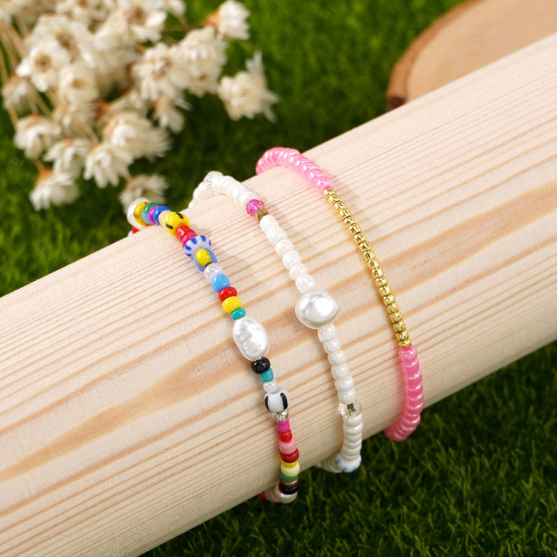 European and American Bohemian Handmade Bracelet Set of Three Imitation Pearl Copper Beads Pink Domestic Rice Beads Small Niche Bamine Bracelet