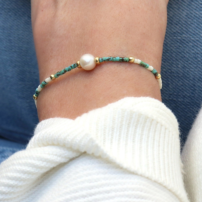 Hot-Selling Natural Turquoise Rice Bead Bracelet Freshwater Pearl Gold Bead Light Luxury Elegant High-End Choice