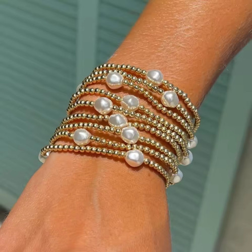 New Handmade Woven Gold Bead Pearl Bracelet Two-Piece Set Light Luxury Rice Bead Niche Bracelet for Women with a Sense of Sophistication