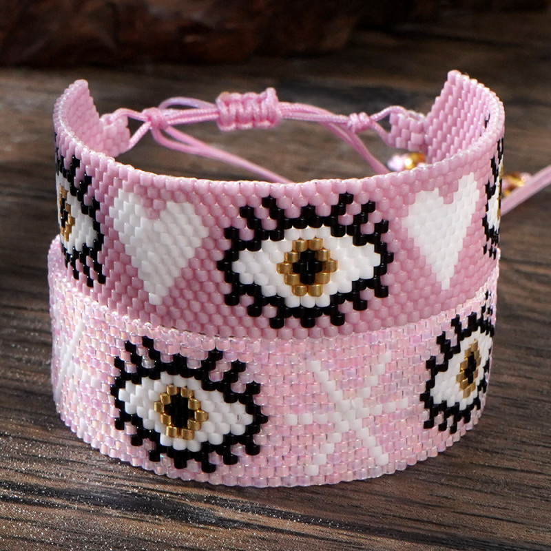 Cross-Border New Fashion Simple Bohemian Miyuki Beads Hand-Woven Evil Eye Pink Heart Bracelet