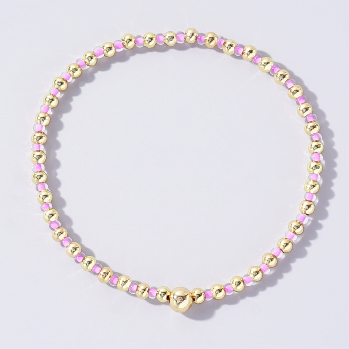 Korean Style Elastic Bracelet with Colorful Rice Beads and Gold Beads, Mixed Weaving, Light Luxury, High-End Feel, Po...