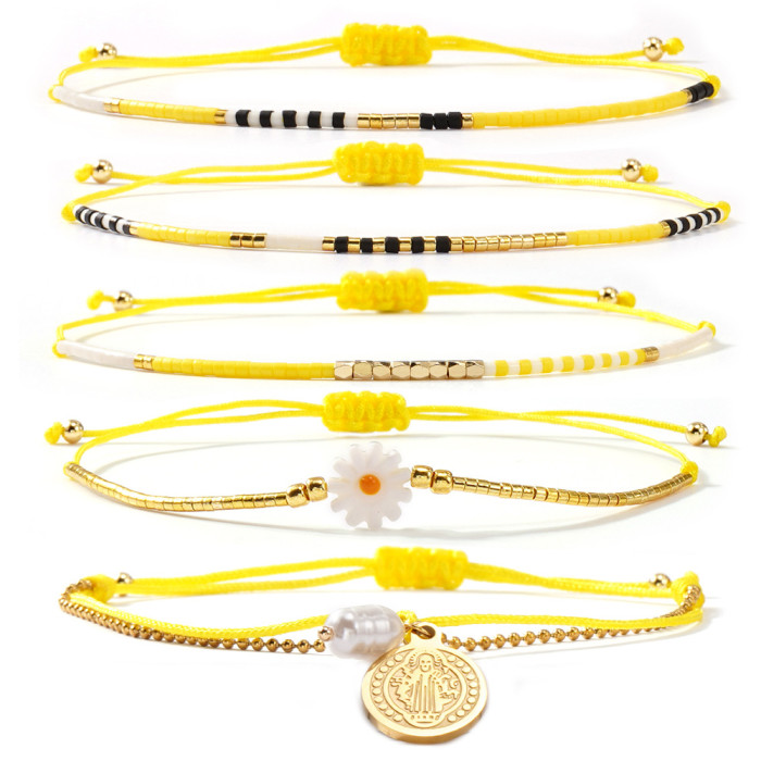 Yellow Bohemian Five-Piece Set Domestic DB Beads Imitation Pearl Copper Beads Small Daisy Golden Rice Beads Beach Bra...