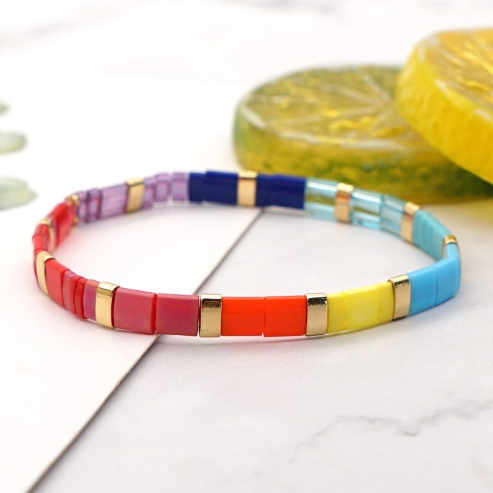 Hot-Selling Light Luxury Fashion Color-Block Beaded Square Minimalist Bohemian Ethnic Style Tila Rice Bead Couple Bra...