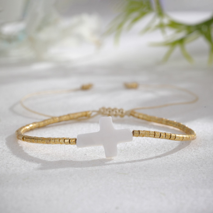 European and American Hot-Selling Xiaomi Beads Gold Beads Light Luxury Bracelet for Women Cross Shell Semi-Precious Stone Beaded Elastic Bracelet