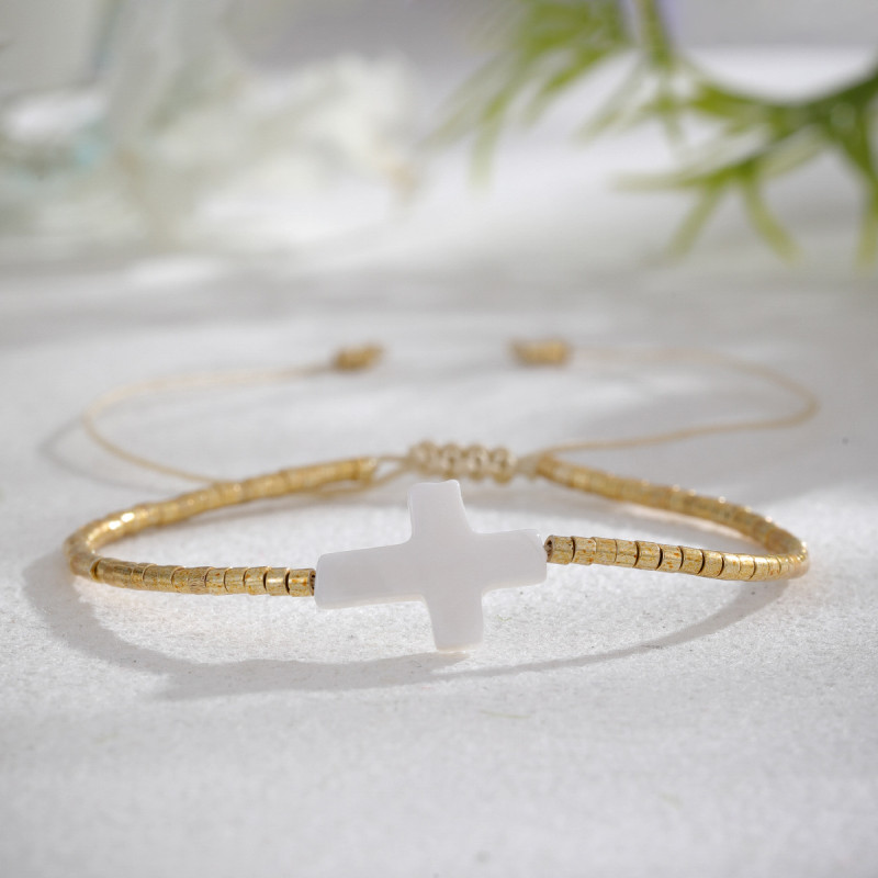 European and American Hot-Selling Xiaomi Beads Gold Beads Light Luxury Bracelet for Women Cross Shell Semi-Precious Stone Beaded Elastic Bracelet