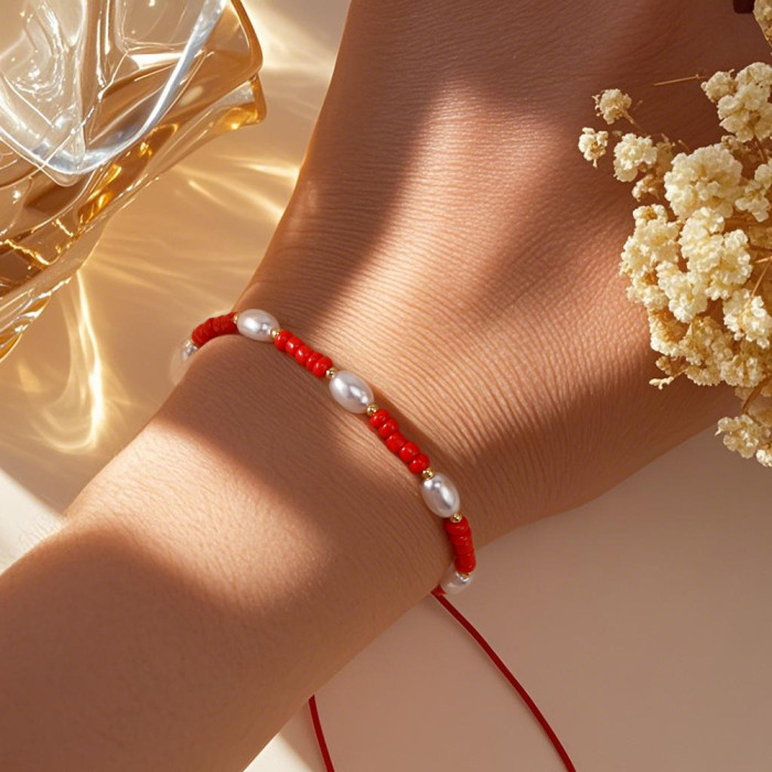 Vintage Style Copper Bead Rice-Shaped White Imitation Pearl Bracelet Red Domestic Rice Beads Matching Niche Unique Jewelry