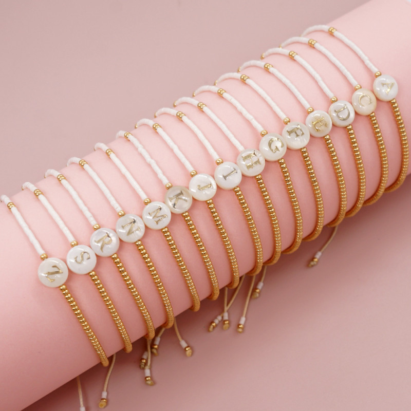 Light Luxury Simple Natural Shell Letter Thin Bracelet Gold-Plated Woven Miyuki Bead Jewelry Gift Wholesale Bracelet