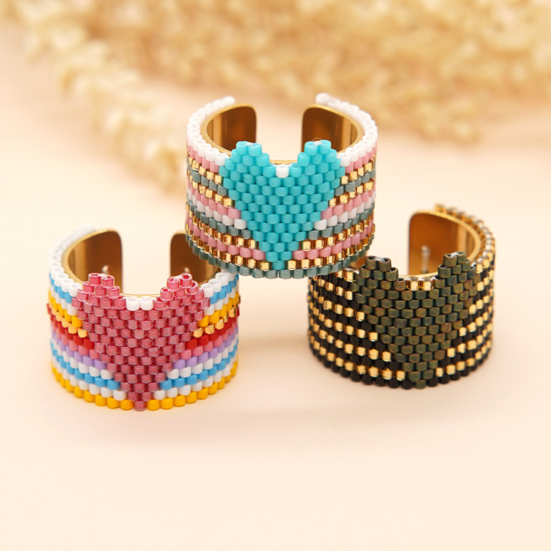 New Arrival Heart Miyuki Antique Rice Beads Handmade Woven Stainless Steel Ring Bohemian Style