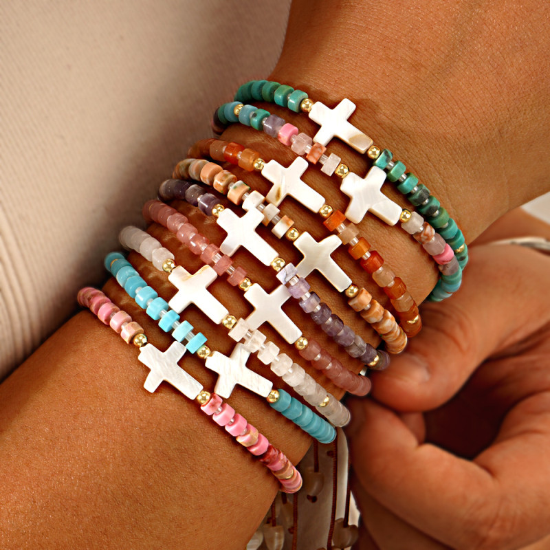 Cross-Border European and American New Hot-Selling Shell Cross Bead Cylinder Amethyst Women's Bracelet Factory Wholesale Direct
