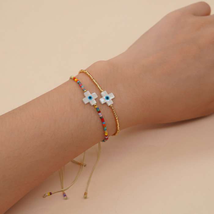 INS Style Niche Design Shell Cross Beaded Bracelet Handmade Woven Rainbow Color Rice Bead Bracelet Manufacturer