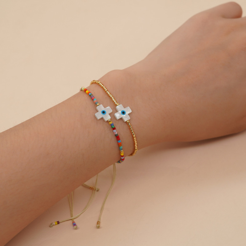 INS Style Niche Design Shell Cross Beaded Bracelet Handmade Woven Rainbow Color Rice Bead Bracelet Manufacturer