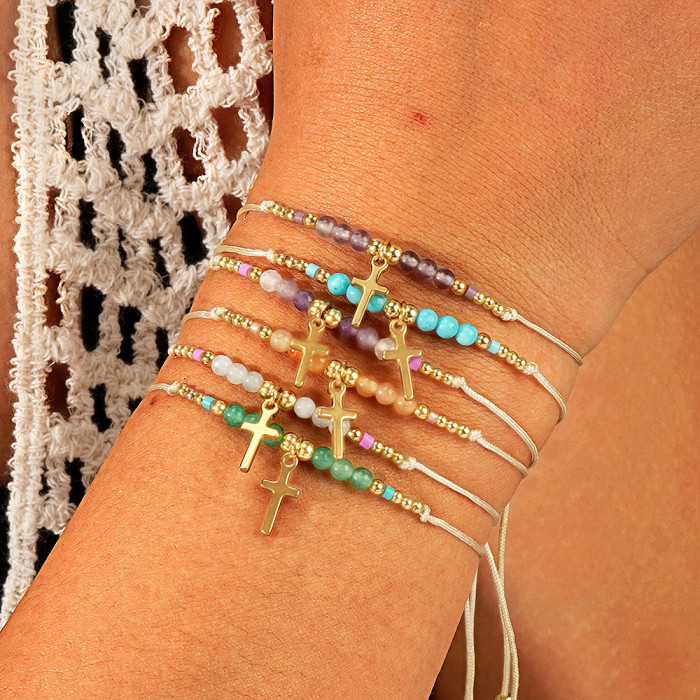 Amazon Hot-Selling Fashion Copper Beads Shiny Rice Beads Stainless Steel Cross Faceted Moonstone Semi-Precious Stone Women's Bracelet