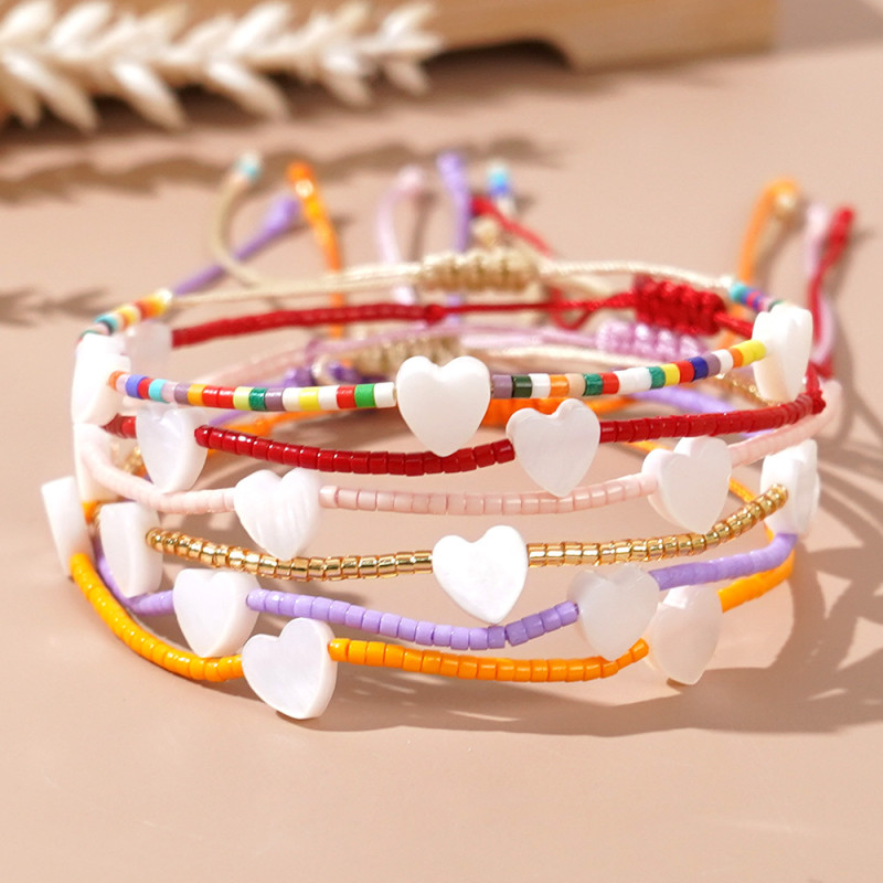 Cross-Border New Fashion Versatile Bohemian White Heart Colorful Seed Bead Bracelet Handmade Woven Bracelet