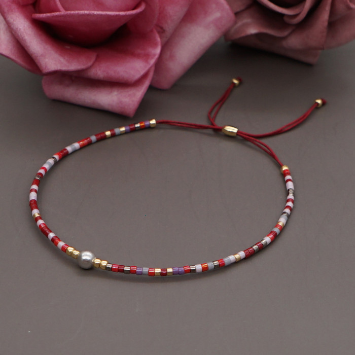 Bohemian Style Semi-Precious Stone Beaded Bracelet Colorful Lucky Stone Rice Beads Adjustable Couple Stacking Bracelet
