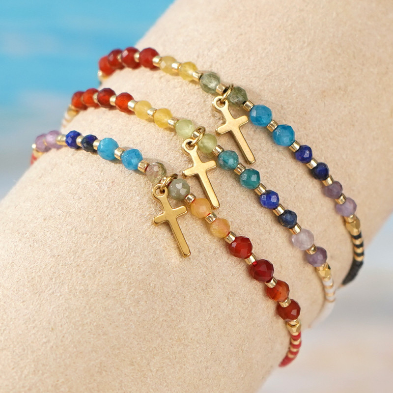 Vintage Minimalist Cross Bracelet Domestic DB Rice Beads Handmade String Semi-precious Stone Matching Daily Jewelry