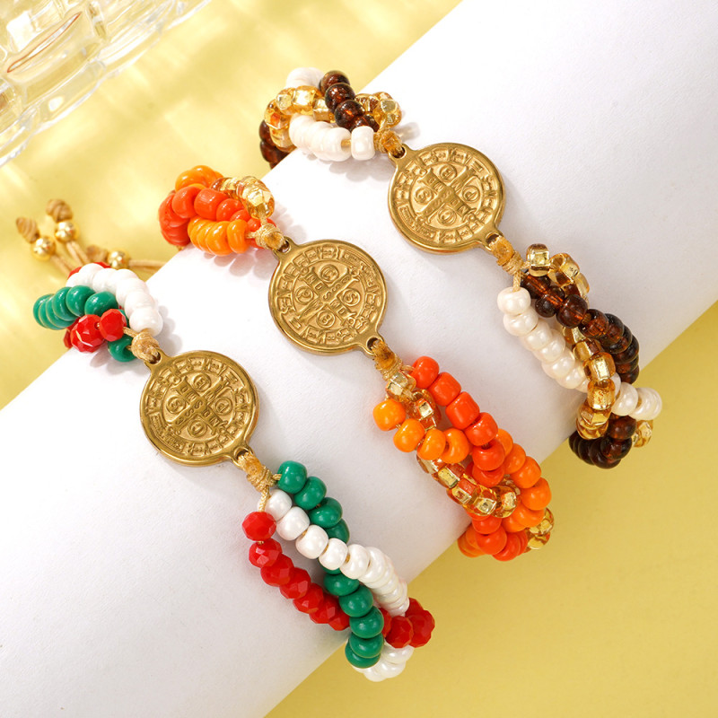 European and American Style Exquisite Rice Bead Layered Bracelet Adjustable Layer Stacking Design Cross Copper Plate Women's Versatile Jewelry