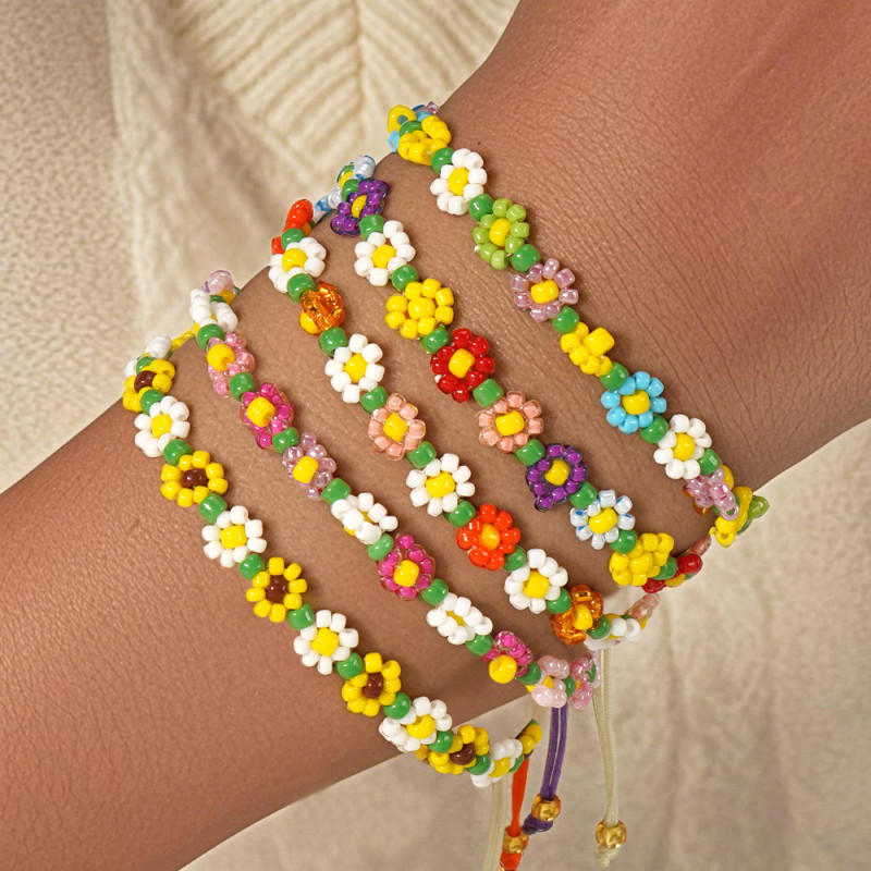 European and American Cross-Border Hot Selling Handmade Beaded Jewelry Hand-Woven Rice Beads Colorful Flower Fashion Simple Bracelet for Women