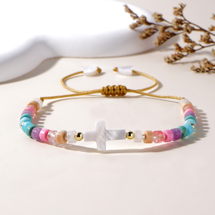 Foreign Trade New 2025 Sweet Versatile Shell Cross Heart Copper Bead Rice Bead Semi-Precious Stone Bracelet Women's Jewelry