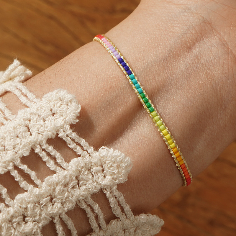 Amazon Hot-Selling Cross-Border Jewelry Rice Bead Bracelet Hand-Woven Leather Bohemian Rainbow Bead Jewelry