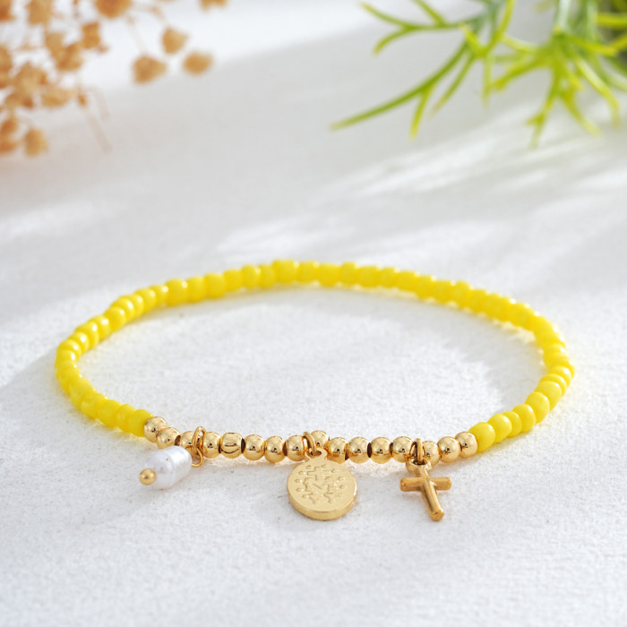 New Adjustable Colorful Rice Bead Bracelet for Women with Gold Cross and Virgin Mary Medal, Light Luxury Versatile Choice